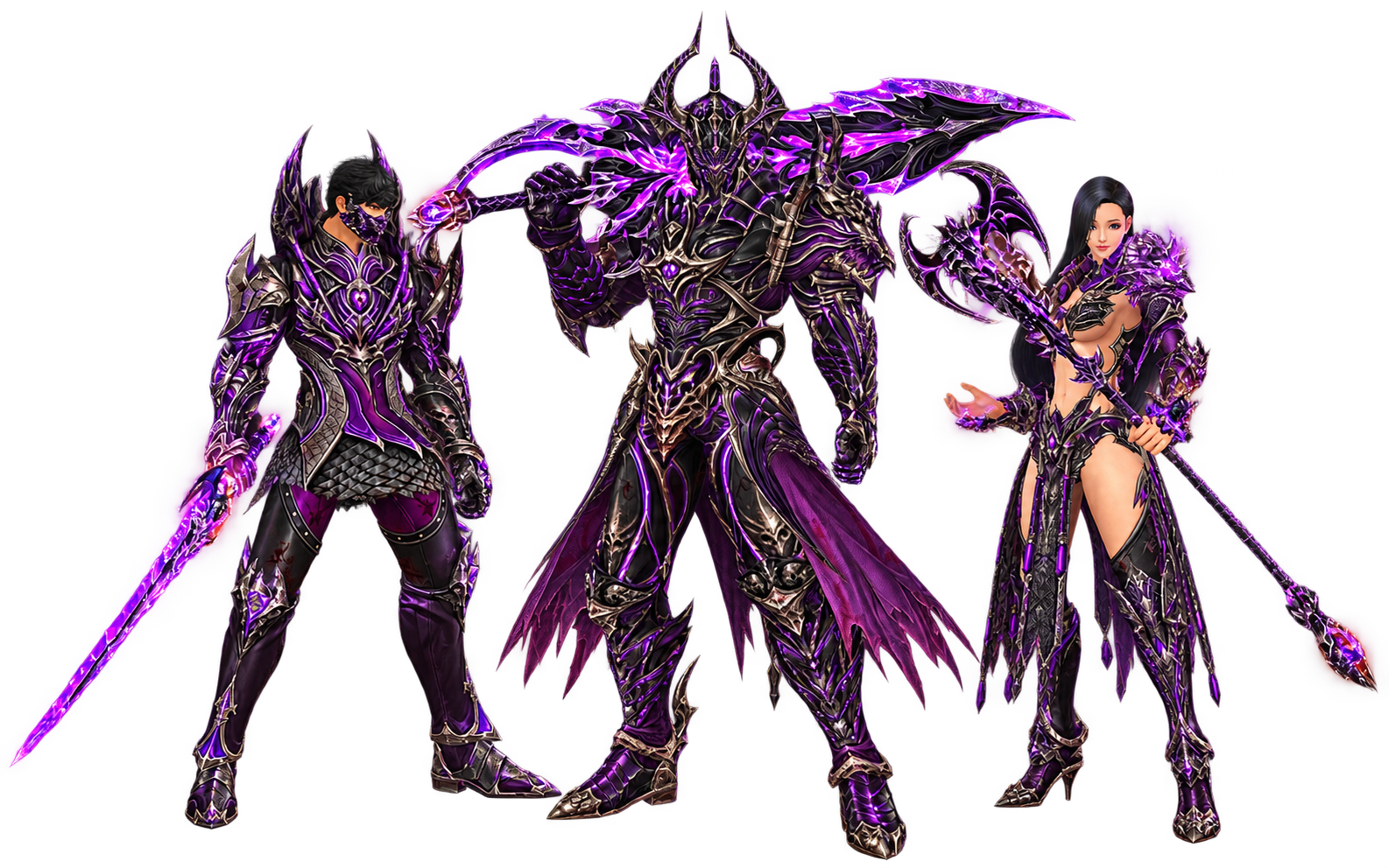 Três personagens com os sets Oblivion: traje, armadura e quimono